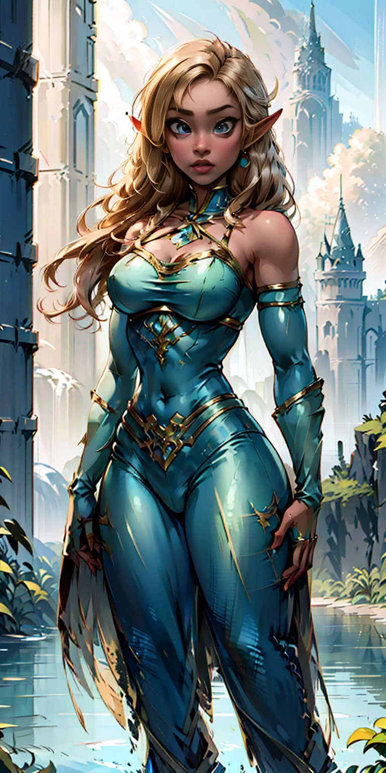 Extremely detailed Artgerm style: This sets the overall artistic style with a high level of detail. Fantasy art: This specifies the genre. Goddess of the green forest: This defines the character's role and gives context to the setting. Woman with long, elf ears: This incorporates the elf features. Black skin: This specifies the character's race. Ornate bikini armor: This combines the skimpy clothing with a fantastical, protective element. Blue high heels standing straight symmetrical: This suggests the color of the bikini and potentially the water body. Long, messy blonde hair: This adds a detail that contrasts the Artgerm style, which is typically more polished for hair.