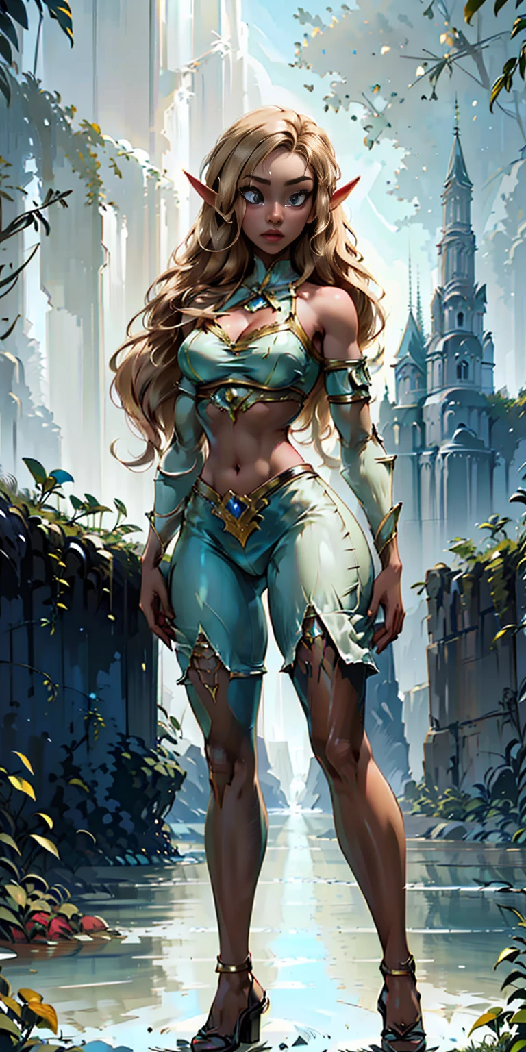 Extremely detailed Artgerm style: This sets the overall artistic style with a high level of detail. Fantasy art: This specifies the genre. Goddess of the green forest: This defines the character's role and gives context to the setting. Woman with long, elf ears: This incorporates the elf features. Black skin: This specifies the character's race. Ornate bikini armor: This combines the skimpy clothing with a fantastical, protective element. Blue high heels standing straight symmetrical: This suggests the color of the bikini and potentially the water body. Long, messy blonde hair: This adds a detail that contrasts the Artgerm style, which is typically more polished for hair.