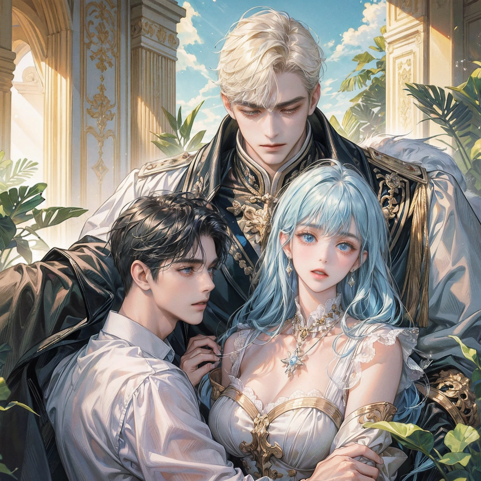 (((masterpiece))), ((Highest quality)), ((Super detailed)), (CG illustration), Happy parent-child scene。The resurrected form of Emperor Constantine and the twins Crispus and Fausta.、Father and son landscape。「Varna, Bulgaria、Under the clear blue sky、A summer evening where a stylish modern mansion shines。As the bright sunlight envelopes the sea and the mansion、A young father in his 30s hugs his twin sons tightly and warmly on his way home from work。The father's face was filled with deep love, retribution and forgiveness.、I can see the look of relief on his face, having overcome his past mistakes.。The children have innocent, naive smiles、He buried his face in his father's shoulder and looked relieved.。Light and shadow gently intersect、A scene that creates a warm and moving atmosphere overall.。」Love。Love, forgiveness, healing and purification。Detailed and delicate。lyrical。Heartful、Luxurious and elegant、Warm smile、warmth、sun