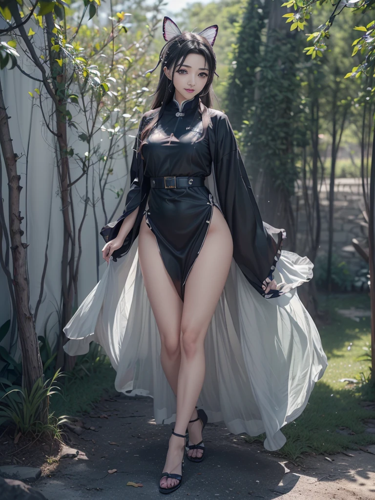 Tolerate, Demon slayer, Shinobu Kocho, anime, 22 years old, ((Butterfly themed costume, A black haori coat with a butterfly pattern, Brown full-body military uniform)), ((Tolerateコスプレ)), ((A very cute caucasian 22 years old mom cosplaying shinobu), ((Blur the background)), 1 person、girl, Wide range photograph撮影, Wide range, (beautiful girl), Long and beautiful face, Clear Face, Realistic Face, True Face, Absolute reality, ((Hot body)), ((Demon slayer dress)), ((Demon slayer)), ((Tolerateドレス)), ((Cosplay Dresses)), Huge , Covered, (((Realistic))), ((Dress neatly)), waist curve pose, surface side, (8K, RAWphotograph, Highest quality, masterpiece), (Realistic, Realistic: 1.9), ((Full Body Shot)), Stylish pose, ((Highly detailed skin: 1.2)), ((Realistic: 1.9)), photograph, masterpieces, Highest quality, (Beautiful Blue Eyes, Gorgeous pale gray black curly hair, White skin, Thick body, Coarse hairs on lower abdomen, perfect slim figure), Various poses, Highly detailed face, Fine grain, Many people are looking at her with excitement., (((close))), Light of the sun, Cinematic, ((photograph撮影)), photograph