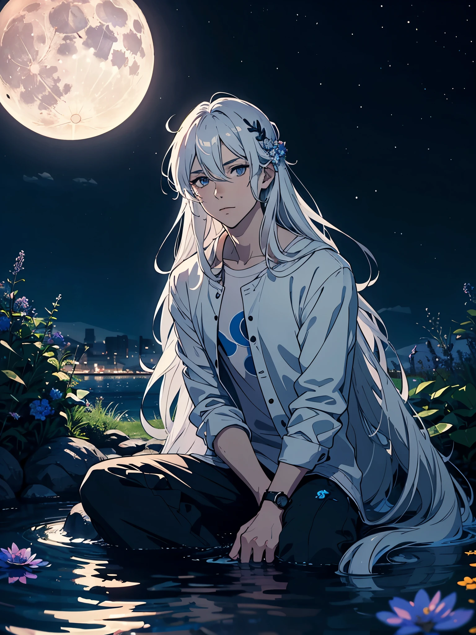 Viele weiße krähen. Nackt. Lights. More anime. light blue light. Bright bright light. magical. Moon. Sitting on a big white wolf. Lightening flowers. More anime. male. Blue flowers. Long hair. long white hair. aquatic, boy, God of the Moon, silver hair accessories, White hair. 