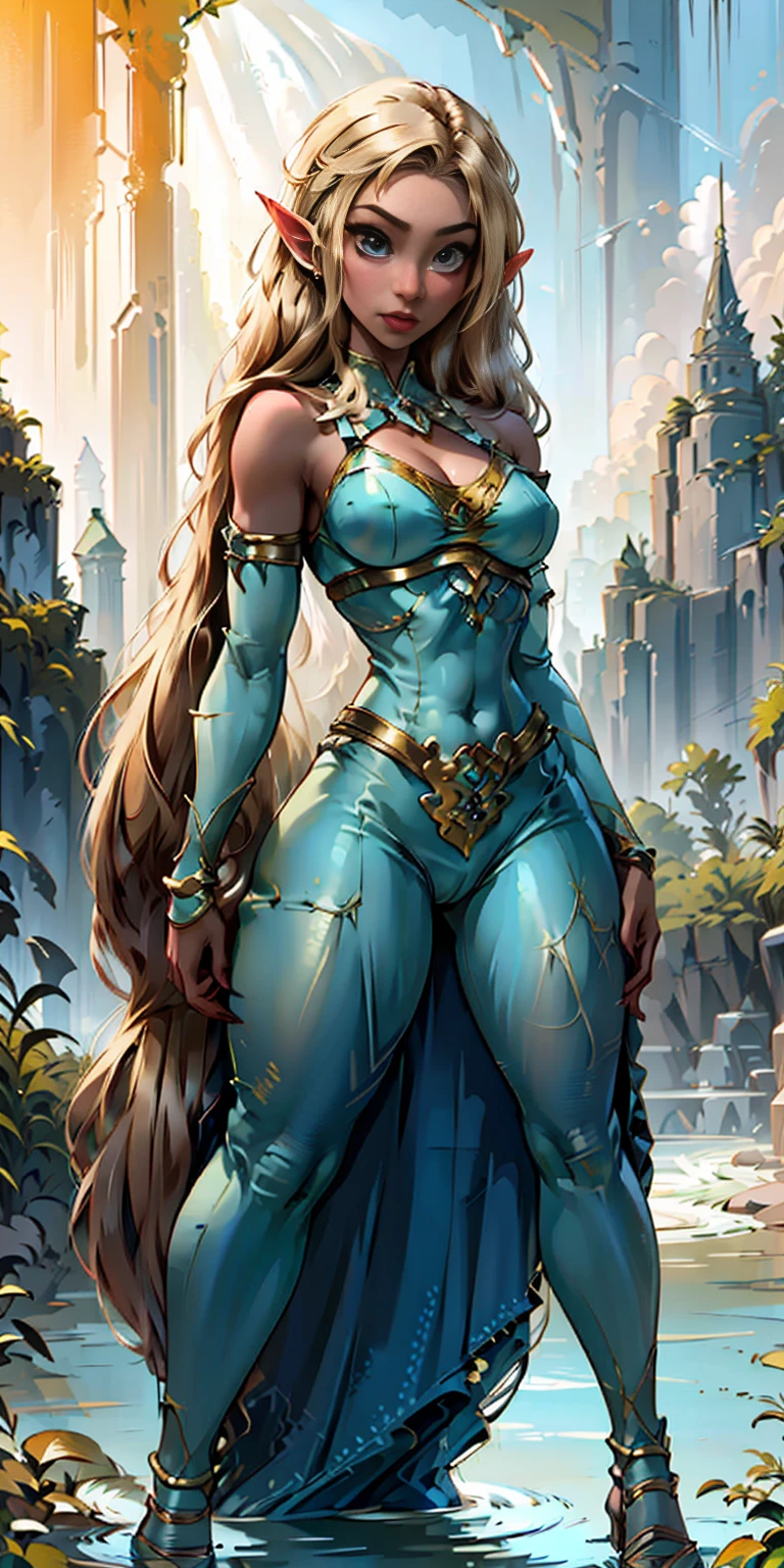 Extremely detailed Artgerm style: This sets the overall artistic style with a high level of detail. Fantasy art: This specifies the genre. Goddess of the green forest: This defines the character's role and gives context to the setting. Woman with long, elf ears: This incorporates the elf features. Black skin: This specifies the character's race. Ornate bikini armor: This combines the skimpy clothing with a fantastical, protective element. Blue high heels standing straight symmetrical: This suggests the color of the bikini and potentially the water body. Long, messy blonde hair: This adds a detail that contrasts the Artgerm style, which is typically more polished for hair.