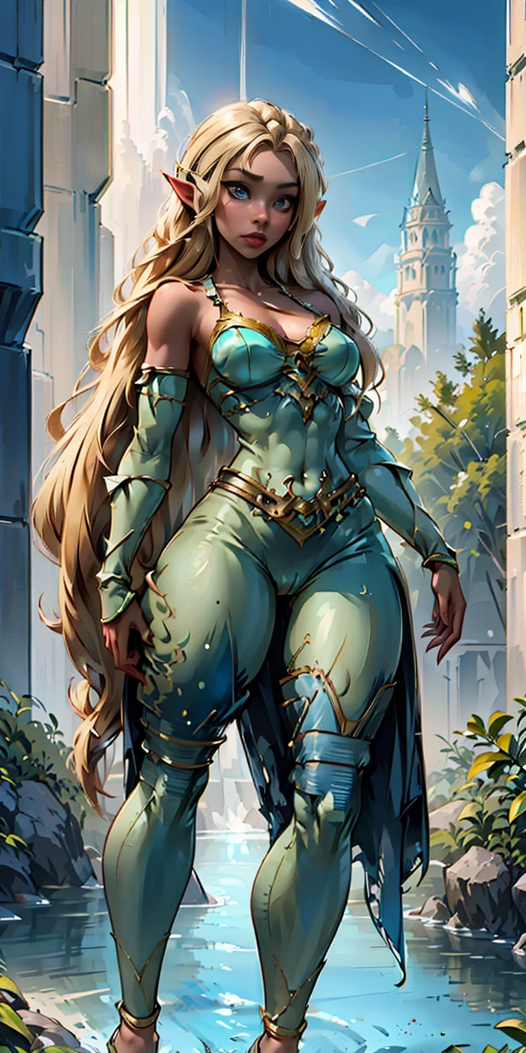 Extremely detailed Artgerm style: This sets the overall artistic style with a high level of detail. Fantasy art: This specifies the genre. Goddess of the green forest: This defines the character's role and gives context to the setting. Woman with long, elf ears: This incorporates the elf features. Black skin: This specifies the character's race. Ornate bikini armor: This combines the skimpy clothing with a fantastical, protective element. Blue high heels standing straight symmetrical: This suggests the color of the bikini and potentially the water body. Long, messy blonde hair: This adds a detail that contrasts the Artgerm style, which is typically more polished for hair.