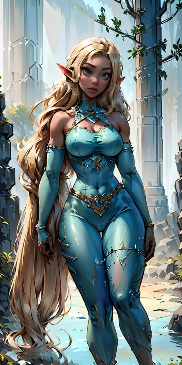 Extremely detailed Artgerm style: This sets the overall artistic style with a high level of detail. Fantasy art: This specifies the genre. Goddess of the green forest: This defines the character's role and gives context to the setting. Woman with long, elf ears: This incorporates the elf features. Black skin: This specifies the character's race. Ornate bikini armor: This combines the skimpy clothing with a fantastical, protective element. Blue high heels standing straight symmetrical: This suggests the color of the bikini and potentially the water body. Long, messy blonde hair: This adds a detail that contrasts the Artgerm style, which is typically more polished for hair.