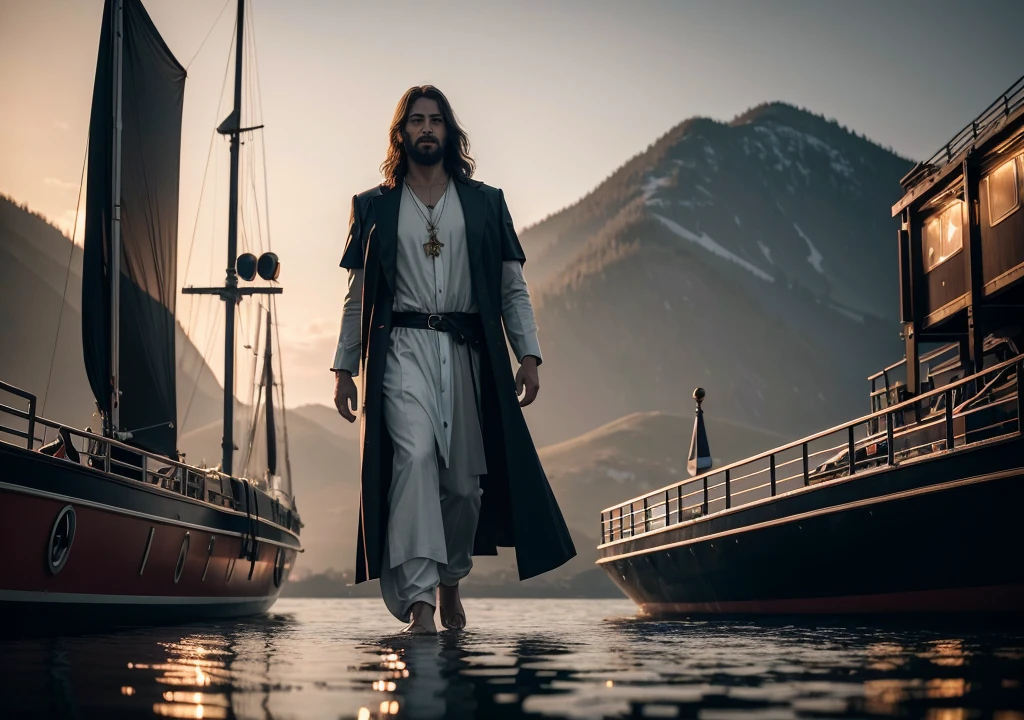 JESUS CHRIST walking on water in a lake with a boat in the background, the clothes and the time is in the time of Jesus
, illuminated background highlighting the miracle, realistic epic, Soft cinematic portrait, Adobe Lightroom, photo laboratory, highy detailed, missing, Art by Greg rutkowski and ArtGerm, Neutral Colors: 1.2), (hdr: 1.4), (subdued colors:1.2), hyperdetailed, (art station:1.4), cinematic, warm lights, dramatic light, (details Intricate:1.1), complex background, (Rutkowski:0.66), (blue and orange:0.4).1080x1920 resolution, 1 men