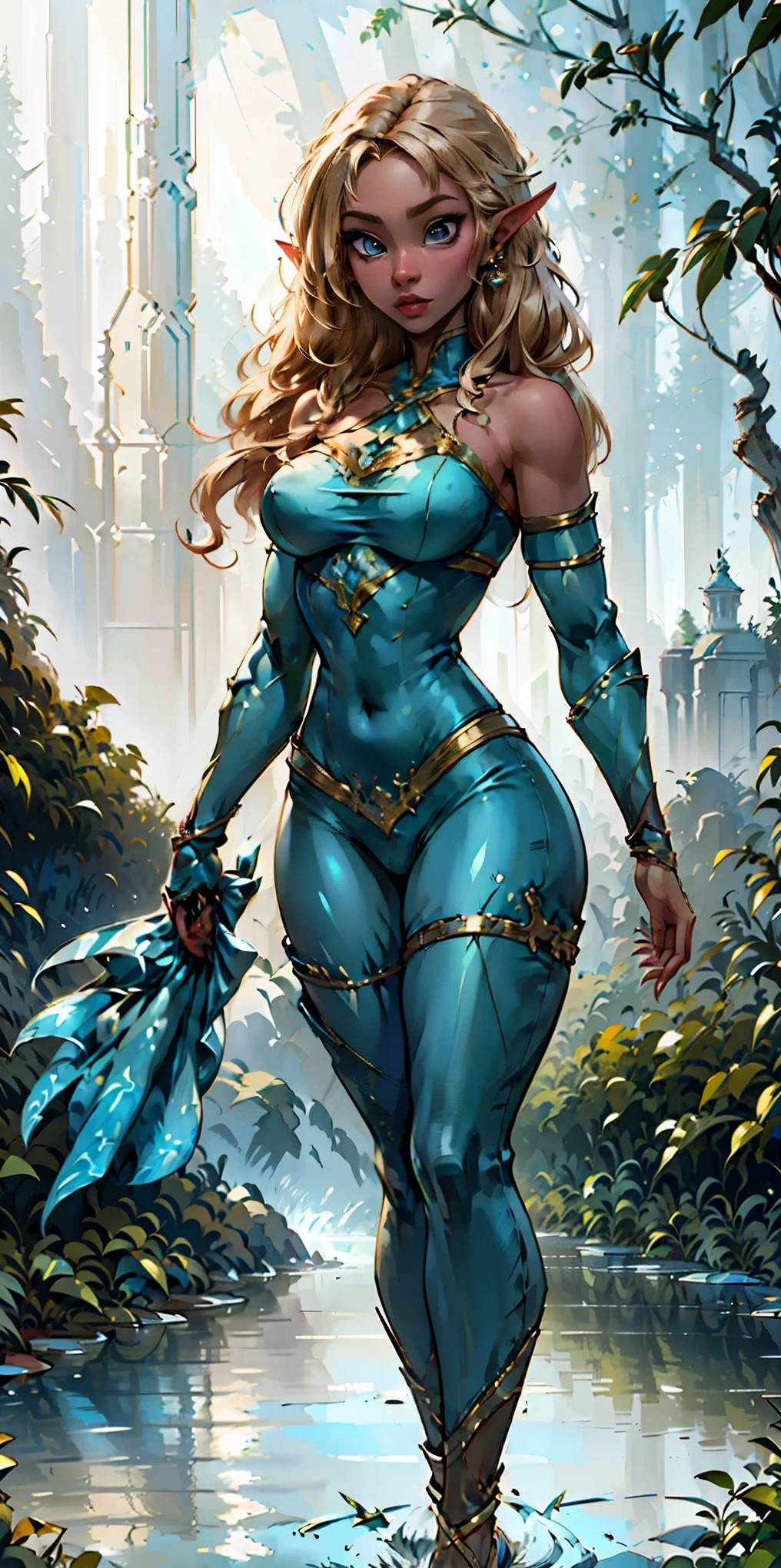 Extremely detailed Artgerm style: This sets the overall artistic style with a high level of detail. Fantasy art: This specifies the genre. Goddess of the green forest: This defines the character's role and gives context to the setting. Woman with long, elf ears: This incorporates the elf features. Black skin: This specifies the character's race. Ornate bikini armor: This combines the skimpy clothing with a fantastical, protective element. Blue high heels standing straight symmetrical: This suggests the color of the bikini and potentially the water body. Long, messy blonde hair: This adds a detail that contrasts the Artgerm style, which is typically more polished for hair.