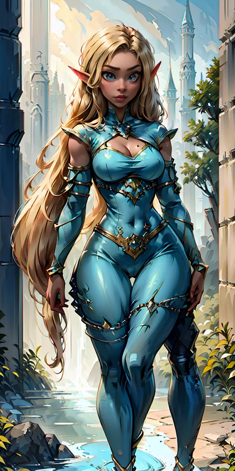 Extremely detailed Artgerm style: This sets the overall artistic style with a high level of detail. Fantasy art: This specifies the genre. Goddess of the green forest: This defines the character's role and gives context to the setting. Woman with long, elf ears: This incorporates the elf features. Black skin: This specifies the character's race. Ornate bikini armor: This combines the skimpy clothing with a fantastical, protective element. Blue high heels standing straight symmetrical: This suggests the color of the bikini and potentially the water body. Long, messy blonde hair: This adds a detail that contrasts the Artgerm style, which is typically more polished for hair.