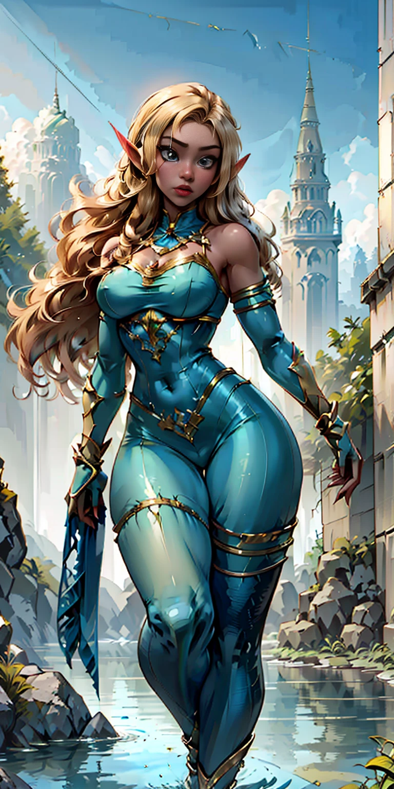 Extremely detailed Artgerm style: This sets the overall artistic style with a high level of detail. Fantasy art: This specifies the genre. Goddess of the green forest: This defines the character's role and gives context to the setting. Woman with long, elf ears: This incorporates the elf features. Black skin: This specifies the character's race. Ornate bikini armor: This combines the skimpy clothing with a fantastical, protective element. Blue high heels standing straight symmetrical: This suggests the color of the bikini and potentially the water body. Long, messy blonde hair: This adds a detail that contrasts the Artgerm style, which is typically more polished for hair.