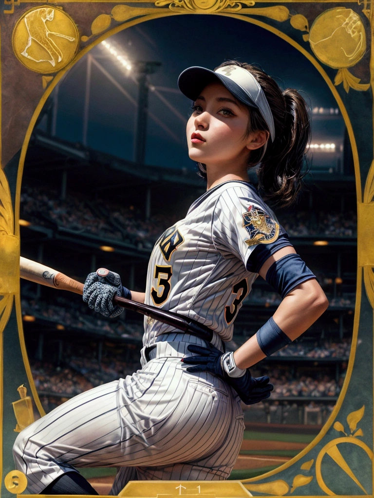 masterpiece,Highest quality,8K,High resolution,Raw photo,Professional,
Physically Based Rendering,Thin contours,
(Tarot card frame and background with rounded corners:1.3)
Two-digit Roman numerals,Baseball stadium at night, beauty league game, bright with stadium lights (Many spectators:1.1),
One beautiful woman, perfect face and body, detailed face, perfect anatomy, live action photos
(Beautiful woman swinging the bat in the batter's box:1.2)
Front view of beautiful woman
(Baseball Player Uniforms),