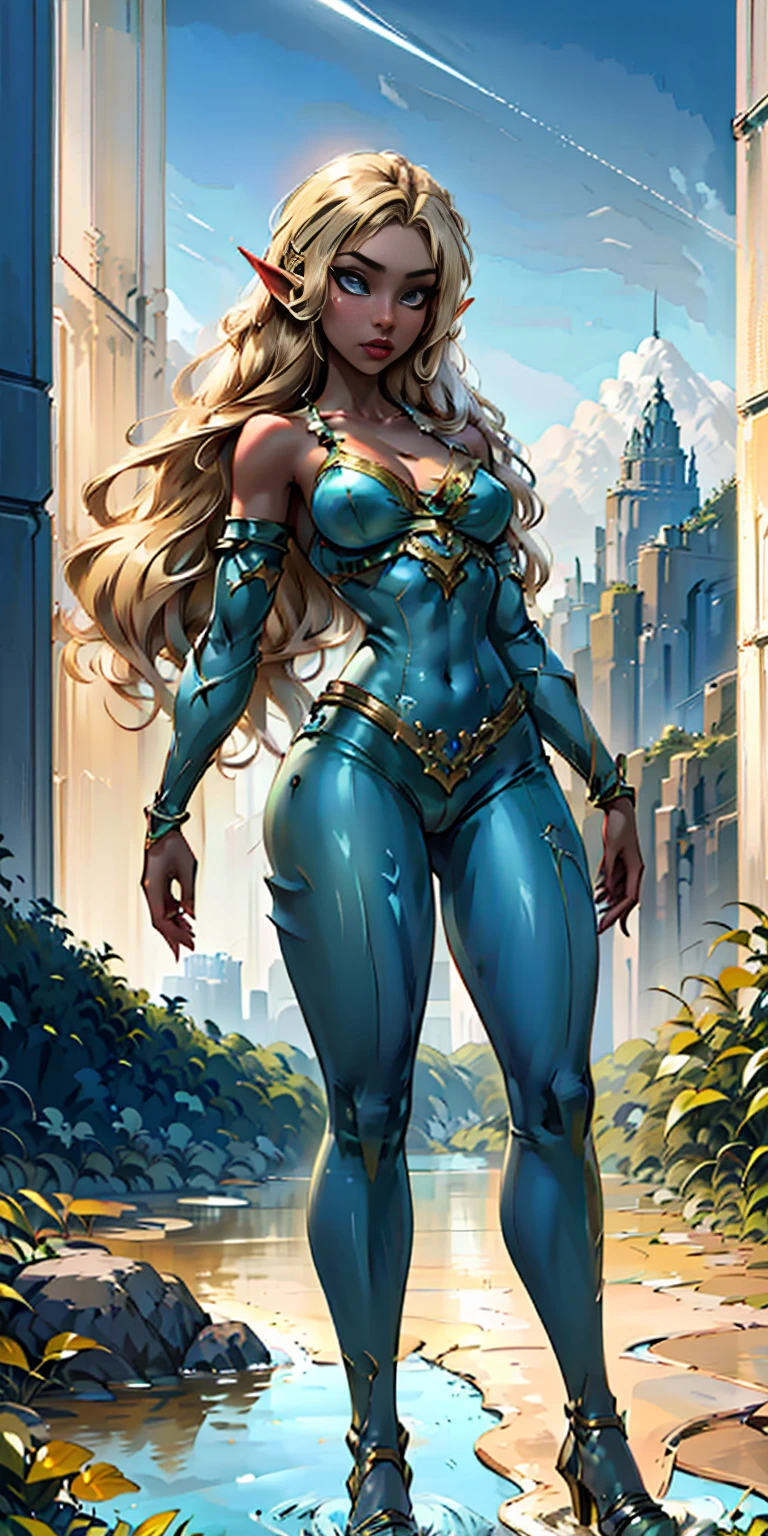 Extremely detailed Artgerm style: This sets the overall artistic style with a high level of detail. Fantasy art: This specifies the genre. Goddess of the green forest: This defines the character's role and gives context to the setting. Woman with long, elf ears: This incorporates the elf features. Black skin: This specifies the character's race. Ornate bikini armor: This combines the skimpy clothing with a fantastical, protective element. Blue high heels standing straight symmetrical: This suggests the color of the bikini and potentially the water body. Long, messy blonde hair: This adds a detail that contrasts the Artgerm style, which is typically more polished for hair.