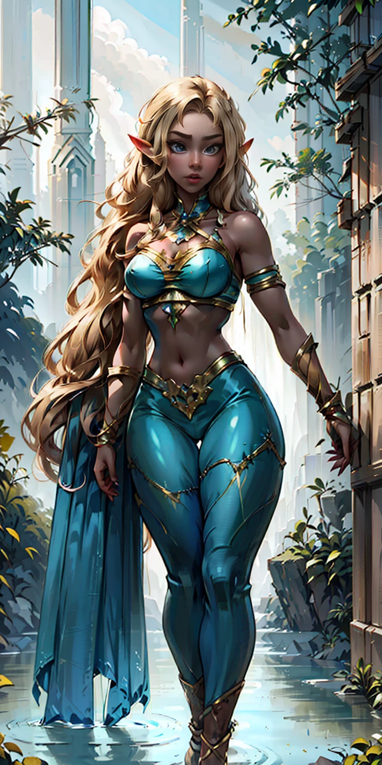 Extremely detailed Artgerm style: This sets the overall artistic style with a high level of detail. Fantasy art: This specifies the genre. Goddess of the green forest: This defines the character's role and gives context to the setting. Woman with long, elf ears: This incorporates the elf features. Black skin: This specifies the character's race. Ornate bikini armor: This combines the skimpy clothing with a fantastical, protective element. Blue high heels standing straight symmetrical: This suggests the color of the bikini and potentially the water body. Long, messy blonde hair: This adds a detail that contrasts the Artgerm style, which is typically more polished for hair.