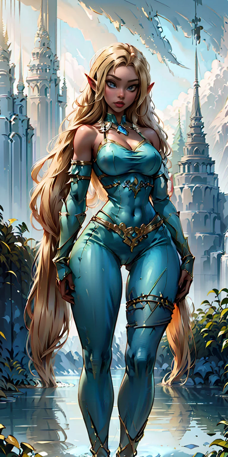 Extremely detailed Artgerm style: This sets the overall artistic style with a high level of detail. Fantasy art: This specifies the genre. Goddess of the green forest: This defines the character's role and gives context to the setting. Woman with long, elf ears: This incorporates the elf features. Black skin: This specifies the character's race. Ornate bikini armor: This combines the skimpy clothing with a fantastical, protective element. Blue high heels standing straight symmetrical: This suggests the color of the bikini and potentially the water body. Long, messy blonde hair: This adds a detail that contrasts the Artgerm style, which is typically more polished for hair.