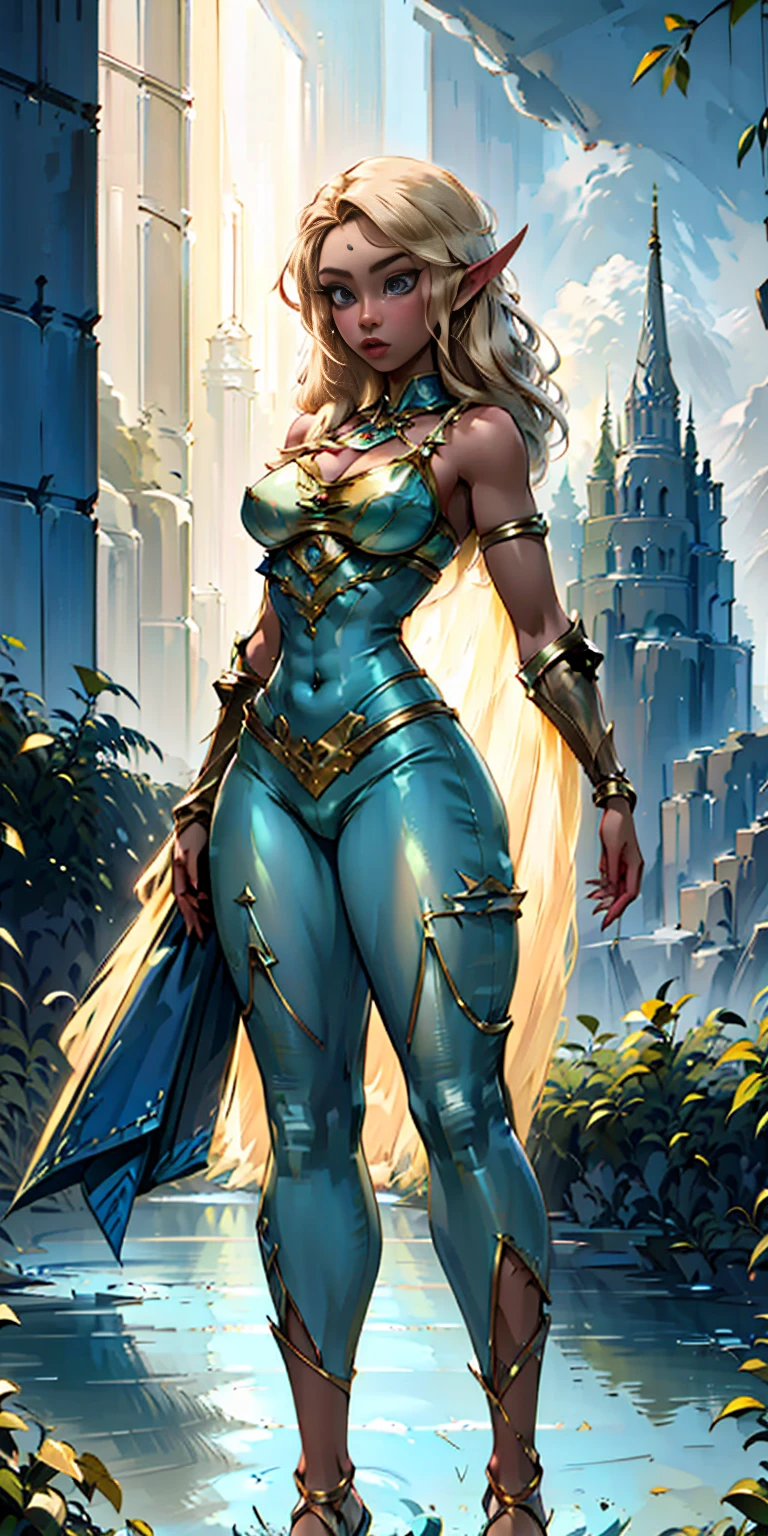 Extremely detailed Artgerm style: This sets the overall artistic style with a high level of detail. Fantasy art: This specifies the genre. Goddess of the green forest: This defines the character's role and gives context to the setting. Woman with long, elf ears: This incorporates the elf features. Black skin: This specifies the character's race. Ornate bikini armor: This combines the skimpy clothing with a fantastical, protective element. Blue high heels standing straight symmetrical: This suggests the color of the bikini and potentially the water body. Long, messy blonde hair: This adds a detail that contrasts the Artgerm style, which is typically more polished for hair.