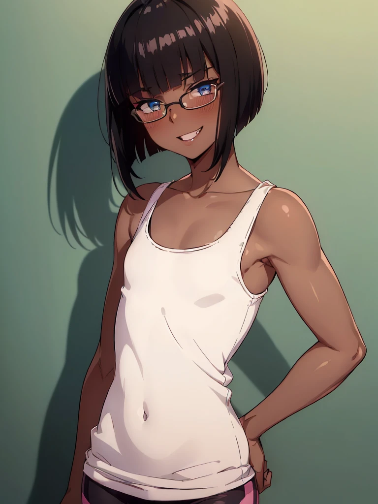(1 femboy:1.5),(dark skin:1.5),(masterpiece:1.2), highest quality, High resolution, unity 8k wallpaper, (fine and beautiful eyes:1.6), highly detailed face, perfect lighting, Detailed CG, (perfect hands, perfect anatomy),20 years old, (black hair:1.3), detailed eyes, best quality, extremely detailed, very precise detailed, (glasses:1.4), , (straight hair:1.5), (evil smile:1.3) ,long sidelocks, (blush:1.3),(very short pixie cut:1.4),(blunt bangs:1.4), (greaming skin:1.3),(flat chest),(tank top:1.5),(open mouth),(bike shorts),(leaning_forward),from side