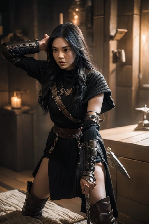 A black-haired girl wears viking helmet wields the Heavy Thrusting Swords from within the Elden Ring in a reverse grip.