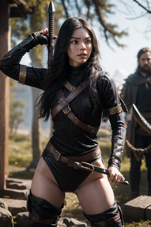 A black-haired girl wears viking helmet wields the Heavy Thrusting Swords from within the Elden Ring in a reverse grip.