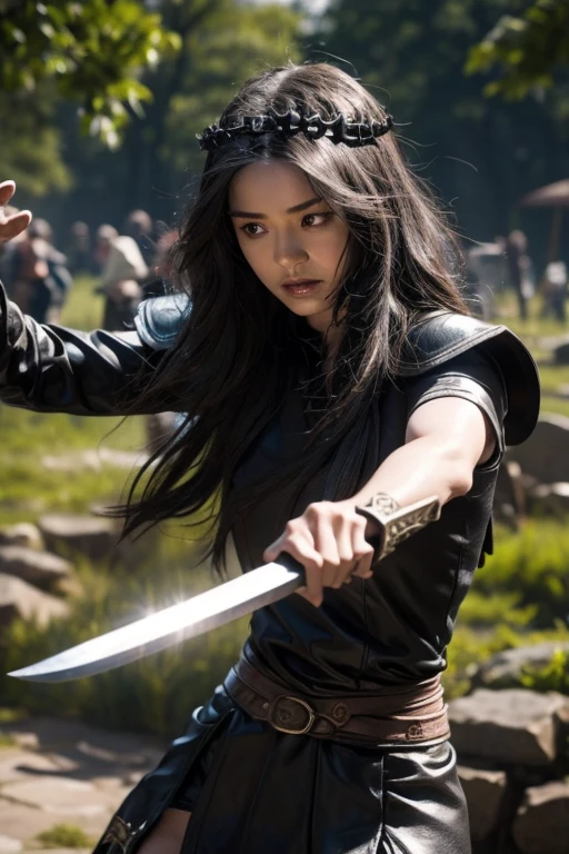 A black-haired girl wears viking helmet wields the Heavy Thrusting Swords from within the Elden Ring in a reverse grip.