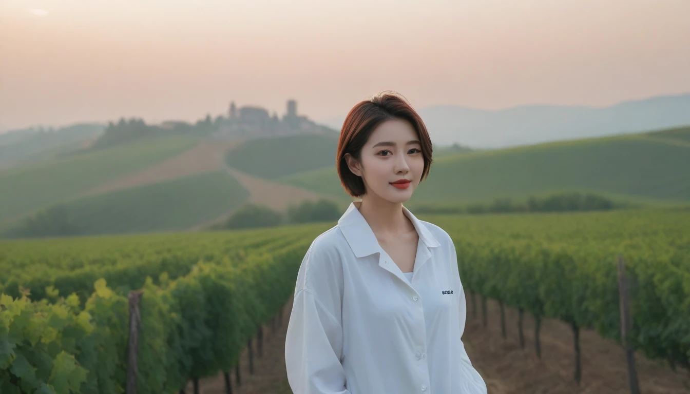 beautiful scenery, 8K Top Quality, Vivid picture quality, 1 woman, Beautiful 36-year-old Korean woman, Chest size 34 inches, Model-level beautiful woman, italian countryside dawn, vineyard, The cathedral can be seen in the distance in a thick fog.. Red sunshine, The background is realistic and vivid quality.., short medium bob hair, White t-shirt that goes up to the neck , Luxury brand windbreaker jacket, Perfect and realistic photos, The background is realistic.. Full body shot with Canon camera 16-35 wide angle lens, Smiling, 짙은 안개가 자욱한 포도원 언덕에서 vineyard을 내려다 보며, Walking towards the front camera