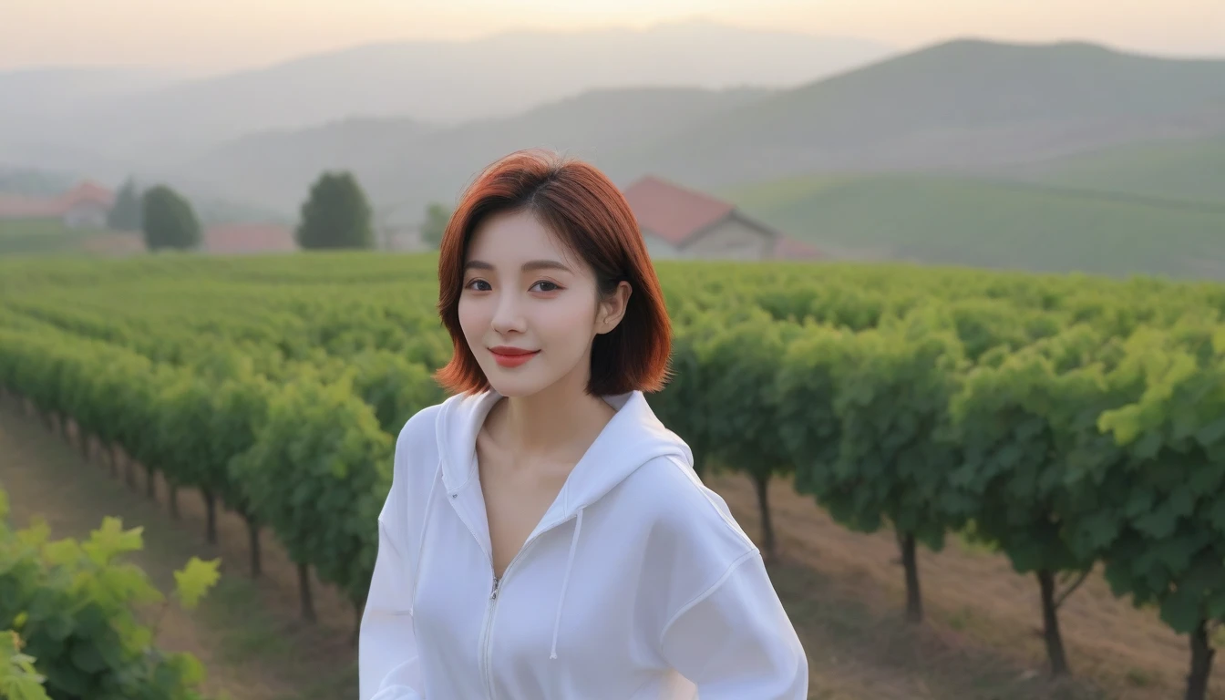 beautiful scenery, 8K Top Quality, Vivid picture quality, 1 woman, Beautiful 36-year-old Korean woman, Chest size 34 inches, Model-level beautiful woman, italian countryside dawn, vineyard, The cathedral can be seen in the distance in a thick fog.. Red sunshine, The background is realistic and vivid quality.., short medium bob hair, White t-shirt that goes up to the neck , Luxury brand windbreaker jacket, Perfect and realistic photos, The background is realistic.. Full body shot with Canon camera 16-35 wide angle lens, Smiling, 짙은 안개가 자욱한 포도원 언덕에서 vineyard을 내려다 보며, Walking towards the front camera
