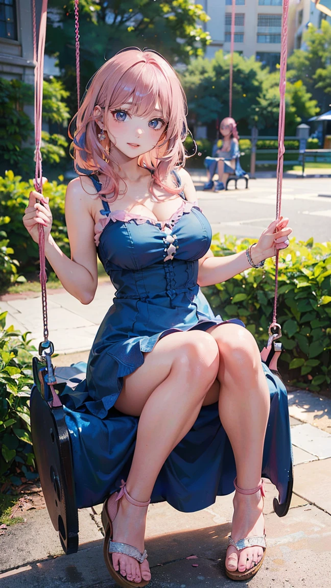 (Masterpiece, BestQuality:1.3), (ultra detailed:1.2), (hyperrealistic:1.3), (RAW photo:1.2), High detail RAW color photo, professional photograph, (Photorealistic:1.4), (realistic:1.4), (Pink Hair:1.5), professional lighting, perfect anatomy, (Big Breasts:1.2), (blush, detailed face), (A happy smile:1.7), sexly, erotic sexly, Random sexy gravure poses, (Blue dress and white sandals、The background is a park、Lifting her dress a little to show off her thighs、Sitting on a swing pose。:1.3)