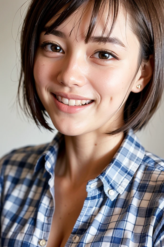 Top quality, 1 beautiful woman, super short Hair, Giddy Smile, wearing Checked Shirt, Close Up