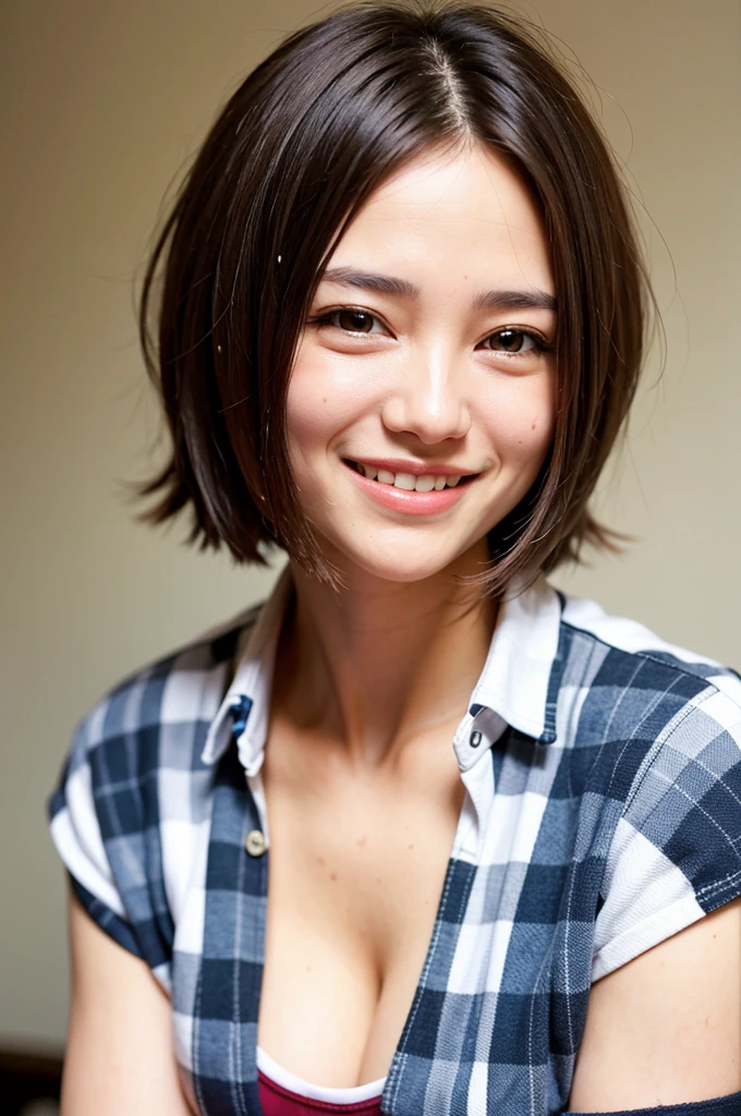 Top quality, 1 beautiful woman, super short Hair, Giddy Smile, wearing Checked Shirt, Close Up