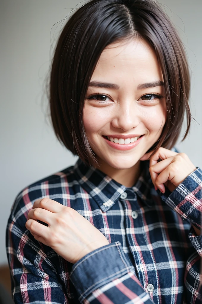 Top quality, 1 beautiful woman, super short Hair, Giddy Smile, wearing Checked Shirt, Close Up