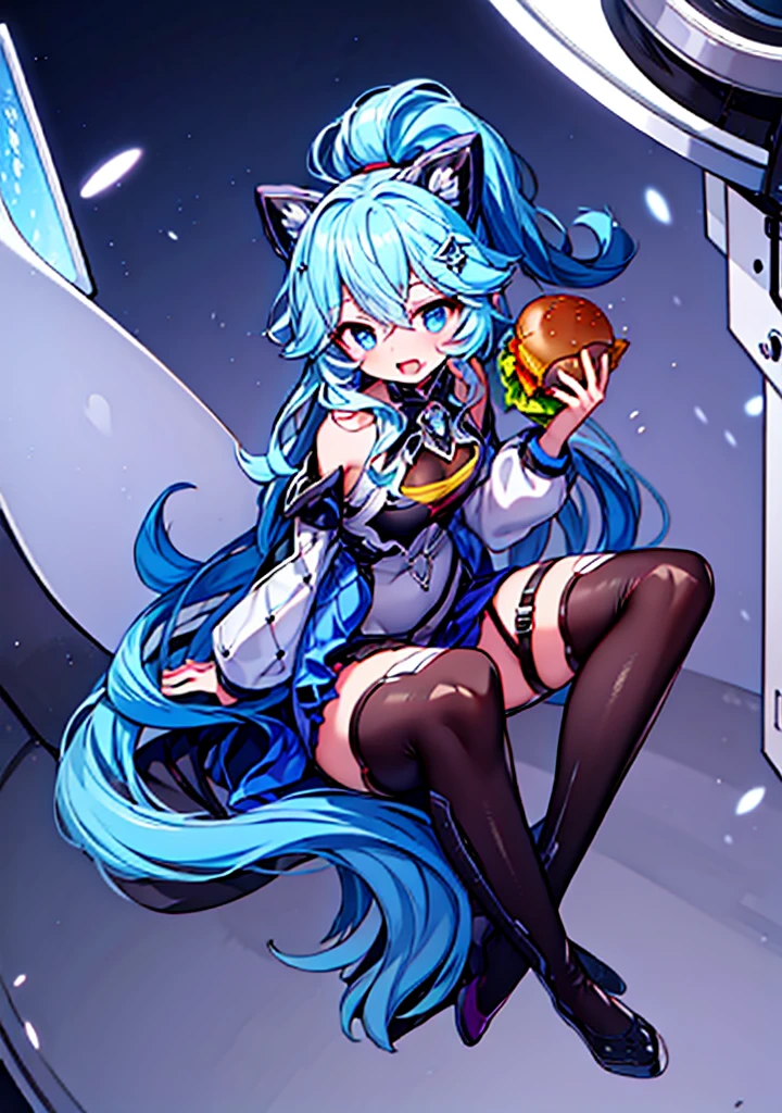 Generate the same character as the image, (keep character colors), Full HD, 4K, no blur, High definition, (((character with a burger in hand))), pantyhose, Show thighs, show arms, perfects eyes, no blemishes, no blur, へそ, niplles, best qualityer, raytracing, face detailed, 8 k wallpaper, (high resolution), sensuous, ((change character's clothes)), neckleace, using a toph, 3 shades of color in yellow hair, medium breasts, (keep your clothes and colors current),