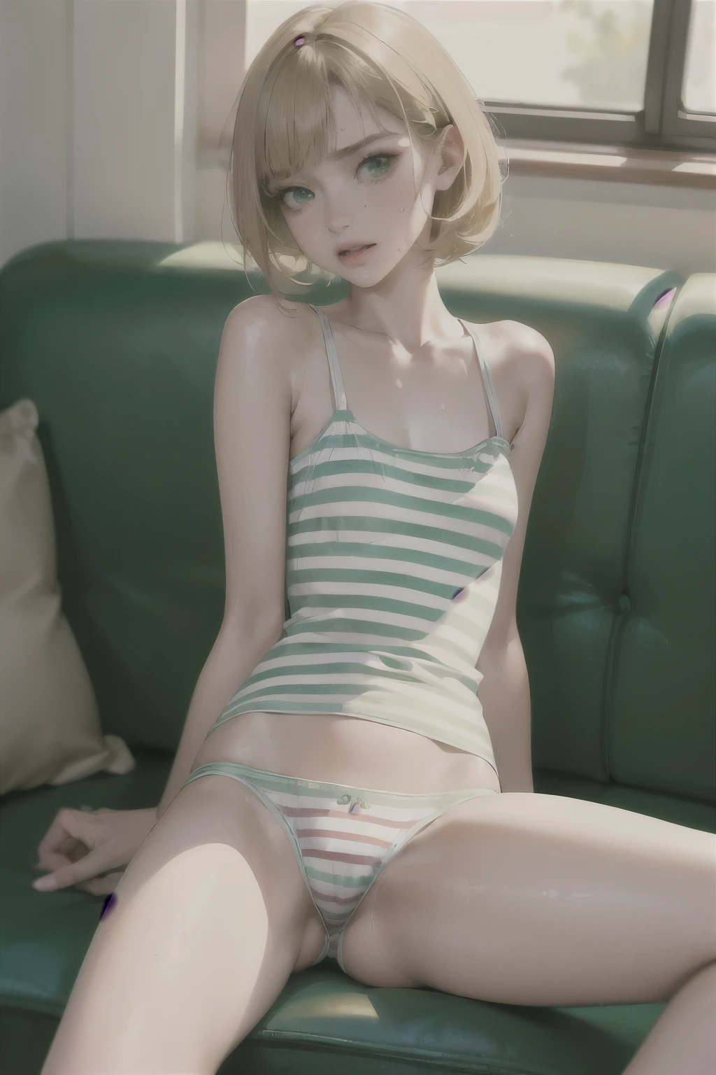 (masterpiece, best quality, hires, high resolution:1.2), (sexy, erotic), (1girl, solo), (young woman), (a sexy woman), (expressive green eyes), (short blonde hair), (bang), (girl slouched on couch with open legs), (girl wear short white tanktop), (girl wear tight striped panties), (small breast), (very hot day), (girl is sweating on the couch while watching TV)