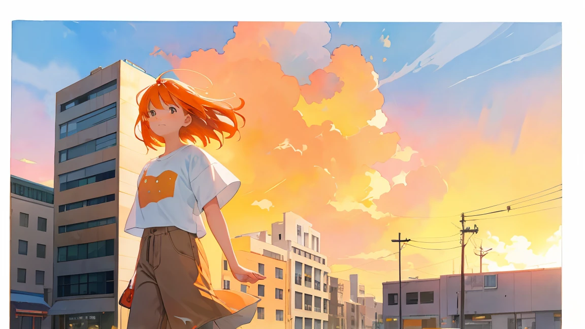 watercolor,building,Girl in the distance,sunset,setting sun,Big Sky,Orange Hair,Bob Hair,Sad expression,whole body,high resolution,White T-shirt,Running