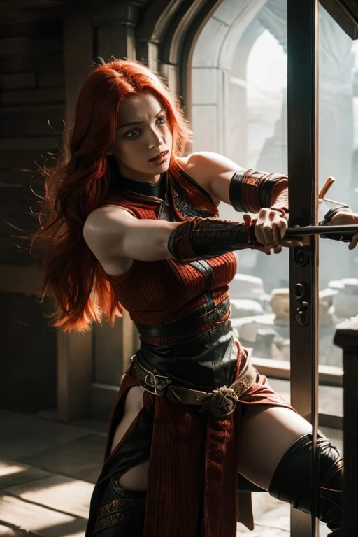 A red-haired girl wields the Heavy Thrusting Swords from within the Elden Ring in a reverse grip.