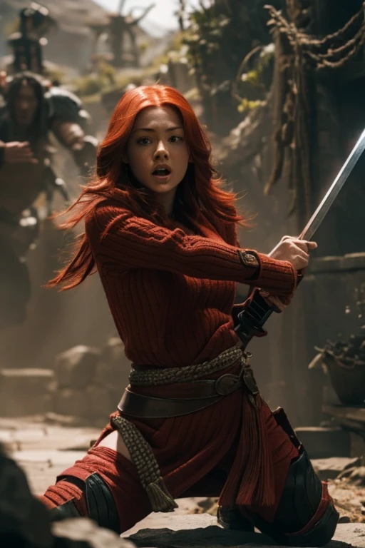 A red-haired girl wields the Heavy Thrusting Swords from within the Elden Ring in a reverse grip.