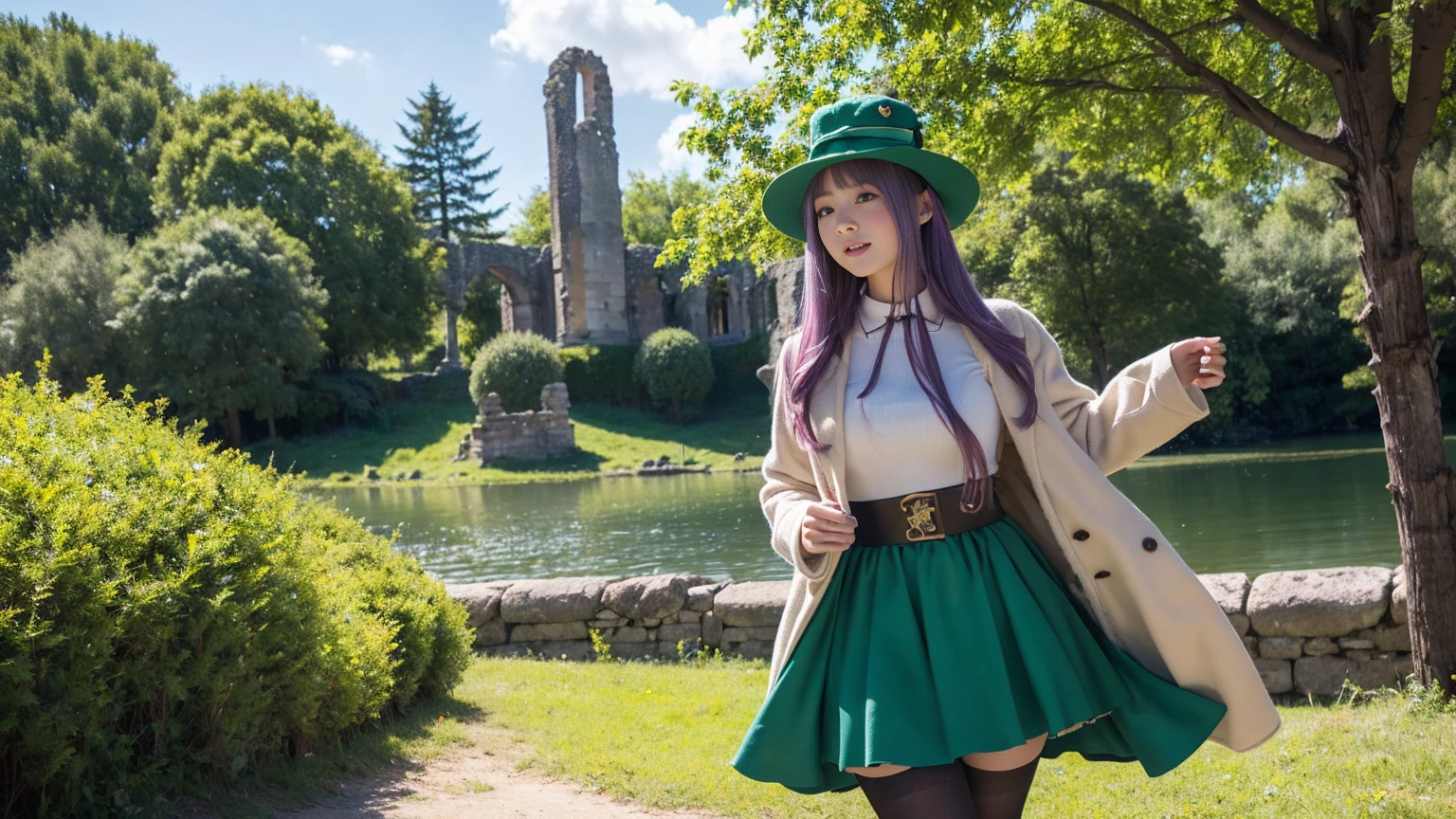 Highest quality, (masterpiece:1.2), figure, Absurd, (One girl, alone), (Beautiful detailed girl),, Aeolian, Lilac hair, Long Hair, Red eyes, Medium chest,, Happy, Hilarious,, Green hat, Hats with feather ornaments, Green Dress, Green coat, (Fantasy:1.1) (Medieval:1.1) Costume, (black_pantyhose:1.1), White shirt, Brown shorts, Fleece lined boots, Brown boots,, Magical Forest, Flowers, Fairy Rings, ancient ruins, Stone ruins, lake, null, cloud
