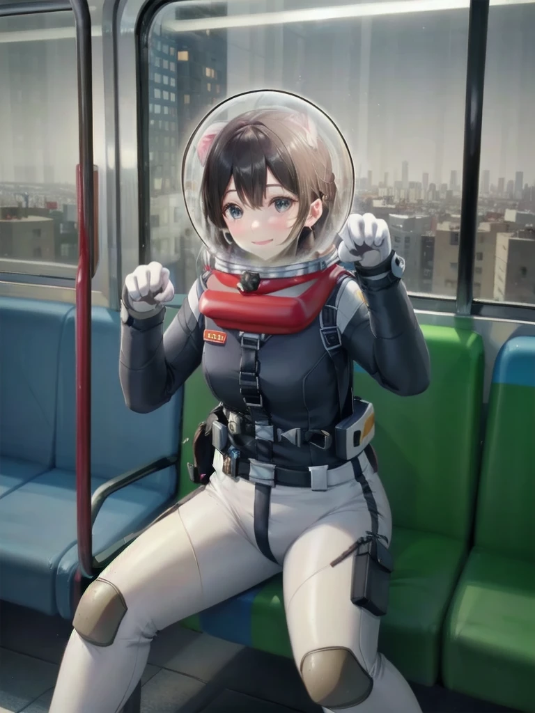 space helmet, (cinematic scene, sitting on a chair, train interior, , city view, night view: 1.5), space helmet, eva helmet, space suit, astronaut), smile bubble helmet, very detailed, speed helmet, bubble helmet, ,upper body, astronaut),eva helm, spacesuit , astronaut),girl, wearing a (spacesuit:1.15), white cargo pants, (headsets:1.5), CAT EARS, (PAW POSE:1.5)