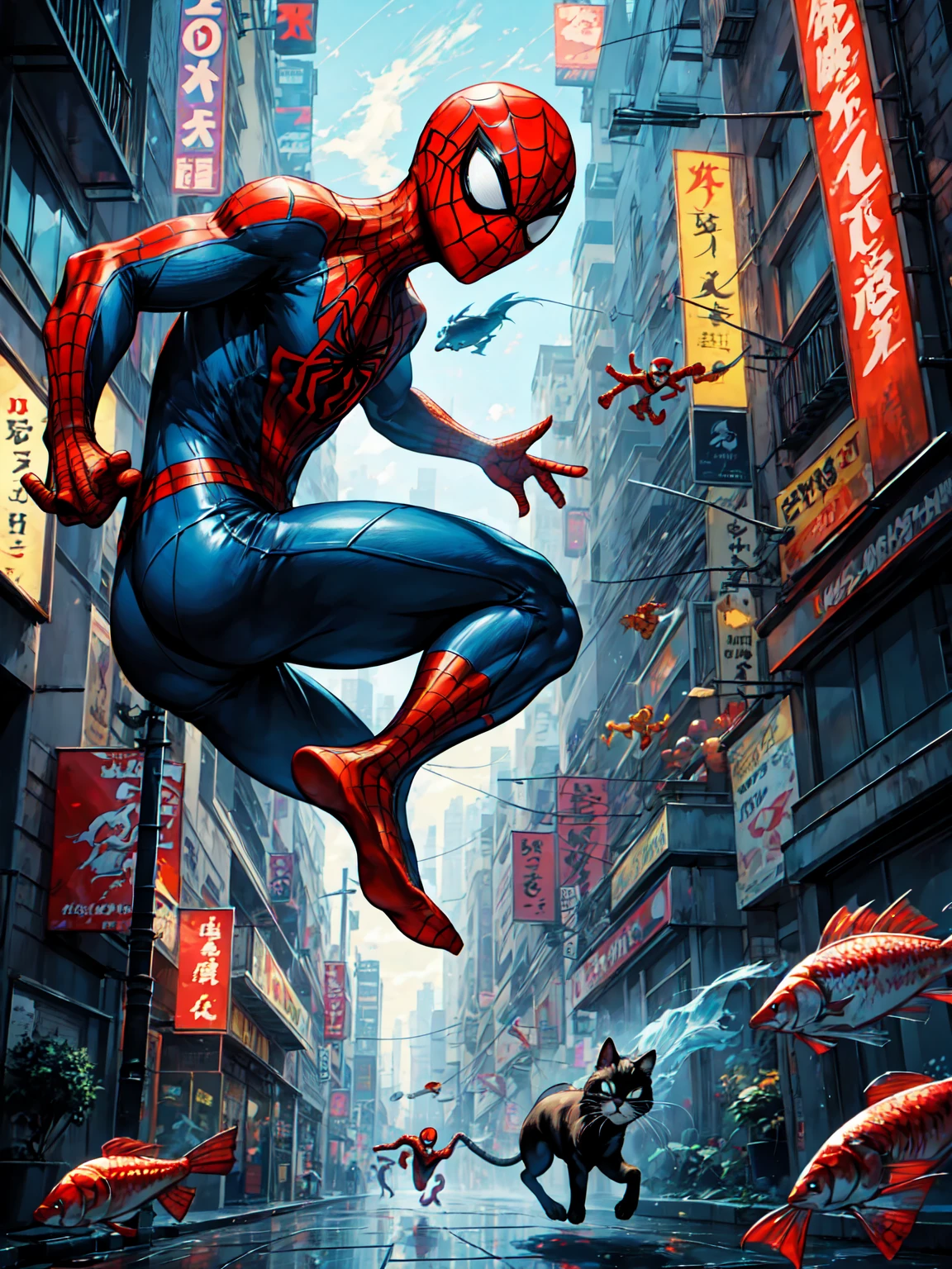 a happy spiderman chasing a stray cat with a fish in its mouth, barefoot running, detailed facial features, beautiful cat, dynamic action pose, bright colors, highly detailed, 8k, photorealistic, cinematic lighting, heroic, comic book style