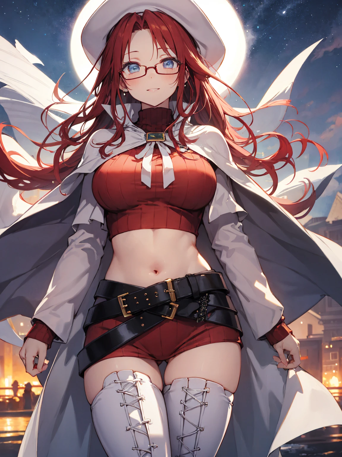 summonnightaty, aty, (young:1.3),long hair, blue eyes, red hair, big_tits, hat, glasses,
BREAK long hair, thighhighs, hat, dress, naked_legs, glasses, belt, cape, sweater, zettai ryouiki, beret, thigh boots, white footwear, ribbed sweater, loose belt,solo,
BREAK outdoors, fantasy,
,Highquality_hads,perfect_fingers,
BREAK (masterpiece:1.2), best quality, high resolution, unity 8k wallpaper, (illustration:0.8), (beautiful detailed eyes:1.6), extremely detailed face, perfect lighting, extremely detailed CG, (perfect hands, perfect ???????),covered_nipples,covered_navel ,half_eyes,long_sword,sleepy_eyes,red_sweater,apart_knees,magical_effect,spread_legs, have_a_book,teacher,rise_knee,Smile,rise_hand,look_down_viewer,spread_arms,,looking_into,plump,open_mouth, dynamic_posing,solo,in_European_style_town,night_sky,solo