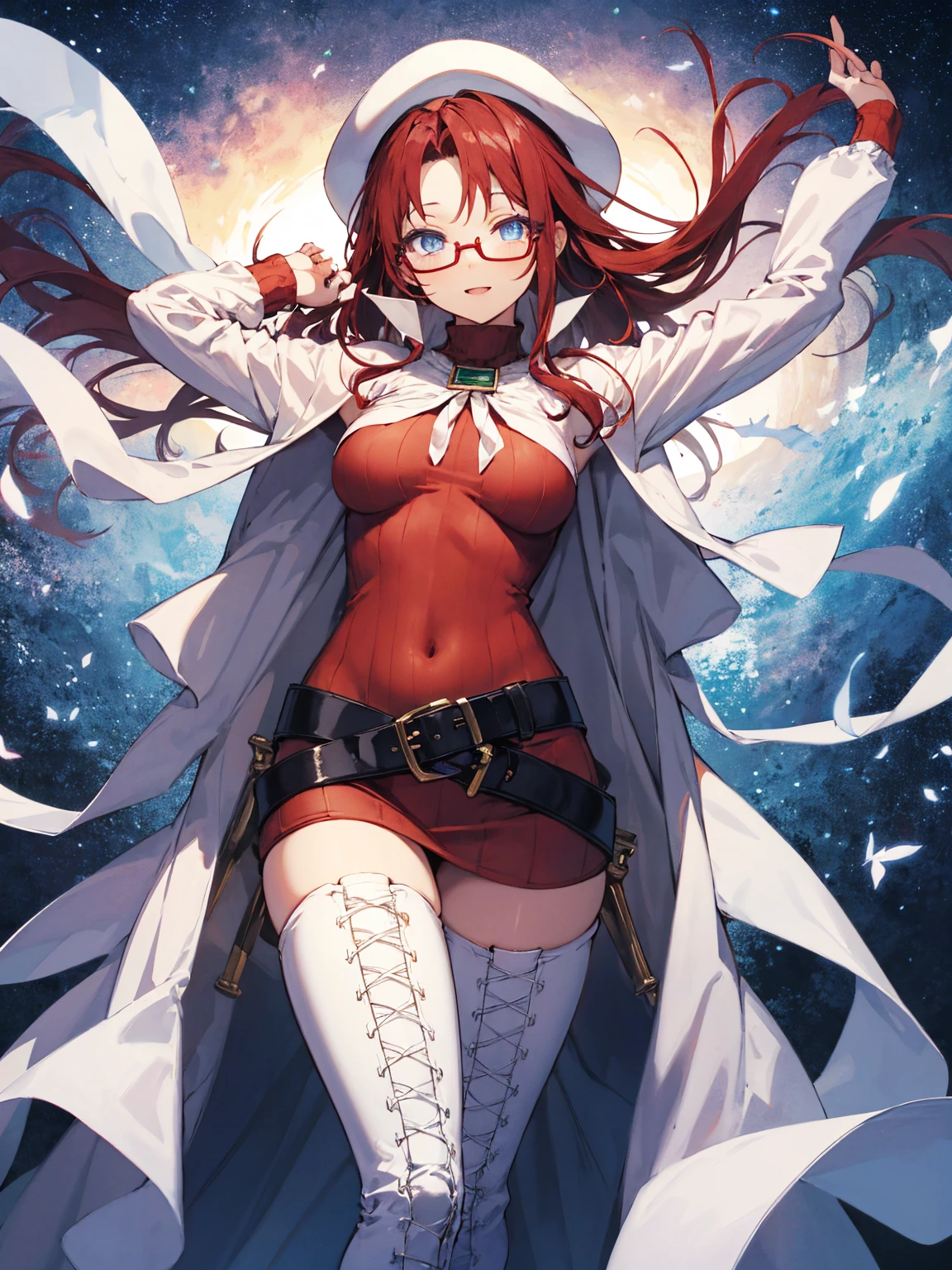 summonnightaty, aty, (young:1.3),long hair, blue eyes, red hair, big_tits, hat, glasses,
BREAK long hair, thighhighs, hat, dress, naked_legs, glasses, belt, cape, sweater, zettai ryouiki, beret, thigh boots, white footwear, ribbed sweater, loose belt,solo,
BREAK outdoors, fantasy,
,Highquality_hads,perfect_fingers,
BREAK (masterpiece:1.2), best quality, high resolution, unity 8k wallpaper, (illustration:0.8), (beautiful detailed eyes:1.6), extremely detailed face, perfect lighting, extremely detailed CG, (perfect hands, perfect anatomy),covered_nipples,covered_navel ,half_eyes,long_sword,sleepy_eyes,red_sweater,apart_knees,magical_effect,spread_legs, have_a_book,teacher,rise_knee,Smile,rise_hand,look_down_viewer,spread_arms,,looking_into,plump,open_mouth, dynamic_posing,solo,in_European_style_town,night_sky,solo