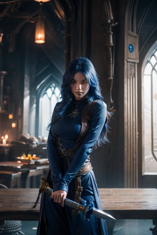 A deep blue-haired girl wields the Heavy Thrusting Swords from within the Elden Ring in a reverse grip.