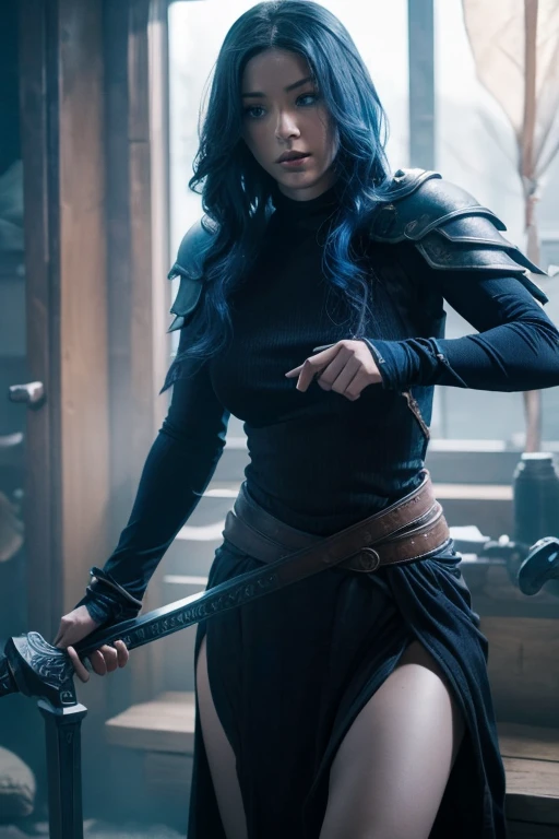 A deep blue-haired girl wields the Heavy Thrusting Swords from within the Elden Ring in a reverse grip.