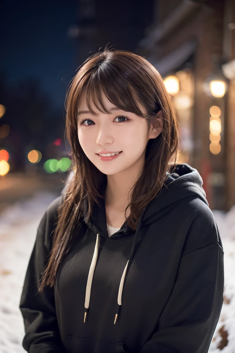 1 girl, (Wear a black hoodie:1.2), (original photo, highest qualThaty), (Practical, Practical:1.4), On the table, Very refined, Very detailed, 2k wallpapers, wonderful, Finely, Very detailed CG UnThaty 8K 壁紙, Very detailed, high resolution, Soft Light, Beautiful and delicate girl, Very detailed目と顔, Beautiful and delicate nose, Finelyて美しい目, Cinema Lighting, Illuminations That light up the cThaty on a snowy night, Snow Scene, That&#39;That&#39;That&#39;it&#39;Snowing, Snowflakes fall on my hair, Perfect anatomical structure, slim body, Very nervous, 
Straight half-length hair, Bangs, Looking at the audience, Smile、Plush scarf