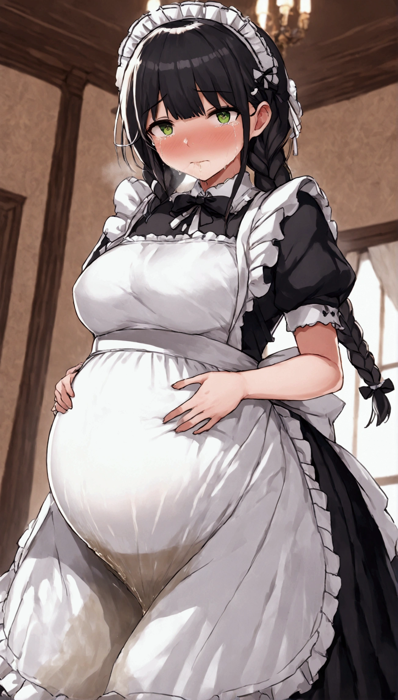 Anime. 1 girl. Housemaid. Ssbbw. Pregnant. Black hair. Long hair. Hair is gathered in braids. Green eyes. Beautiful eyes. Perfect eyes. Expressive eyes. Beautiful nose. Snotty nose. Snot flows from the nose. Very thick body. Very thick hands. Very thick legs. Big fat belly. Big fat ass. Big breasts. Beautiful breasts. Maid uniform. Standing. Full height. Living room of a luxury mansion. Cold. Runny nose. Nasal mucus. Snot. Wants to sneeze. You need to sneeze. Sneezes. Sneezes with snot. Snot comes out of her nose when she sneezes. Handkerchief. She covers her nose with her hands and a handkerchief. Blows his nose. Wants to pee. Need to pee. She peed herself. Urine runs down my thighs. Embarrassment. Blush. Tears in my eyes. Cry. Whole body. Extremely detailed CG Unity 8k wallpaper. Ideal lighting. Ultra high resolution 4K. Super detailed 8K resolution.