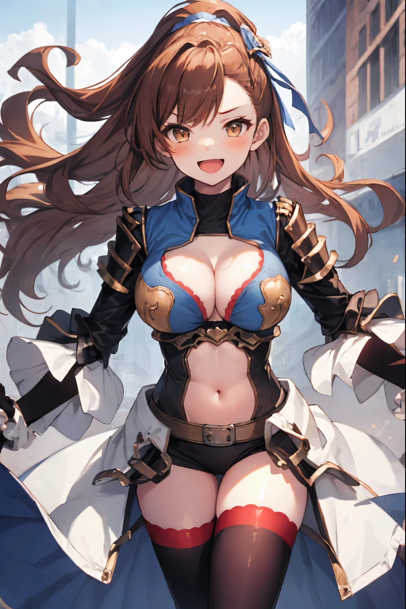 masterpiece, best quality, 1teen_girl,def,beatrix, ponytail, hair ribbon, gauntlets, blue shirt, gloves, cleavage cutout, looking at viewer, big_smile, large breasts, sky ,,happy,covered_nipples,young_,full_of_beans,,laugh,blush,open_mouth,thigh-highs, glower,open_legs,rise_knee,(angry:0.8)