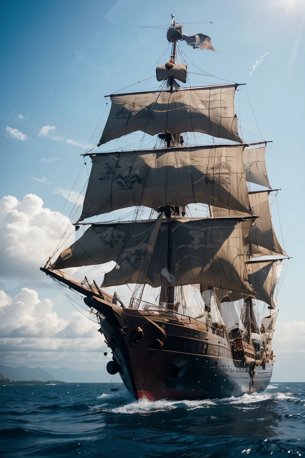 cinematic photo of pirate ship, open sail, front view, focus on sail