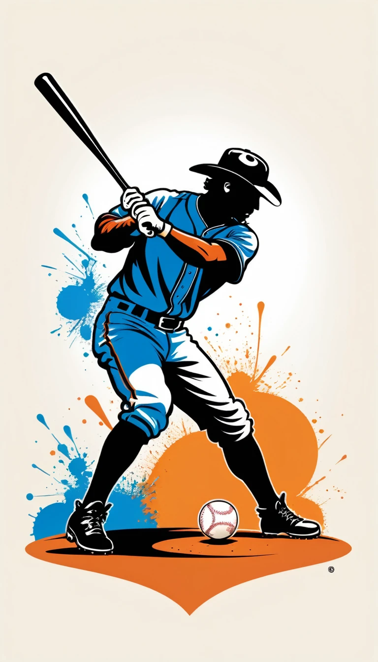 ink art, cowboy shot, baseball player hitting ball, simple art, simple lines, ink, simple colors, simple bakground, logo, vector art