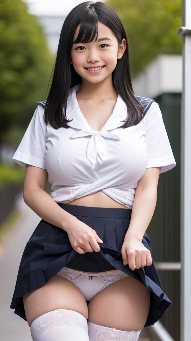 best quality,1girl,((big breasts:1.3)),((((((10歳)))))),smile,black hair,long hair,((school uniform,serafuku,white shirt,mini skirt,lift skirt,upskirt,white panties,lace panties,black thighhighs:1.1)),walking