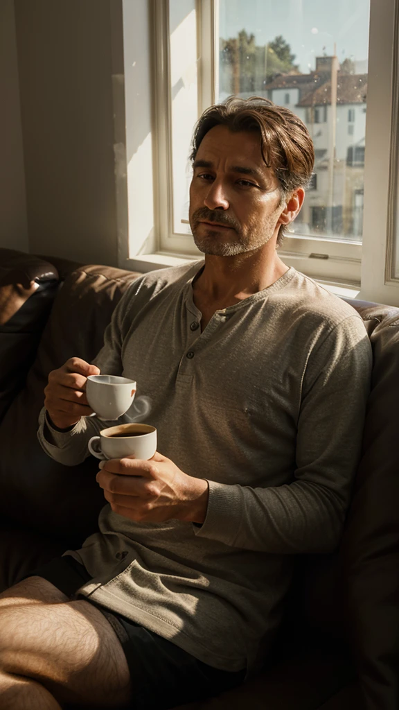 Portrait cinematica, a man in his 40s, sitting on a sofa, meditative, drinking a cup of coffee, next to a large window with bright morning light streaming in