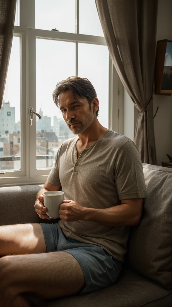 Portrait cinematica, a man in his 40s, sitting on a sofa, meditative, drinking a cup of coffee, next to a large window with bright morning light streaming in