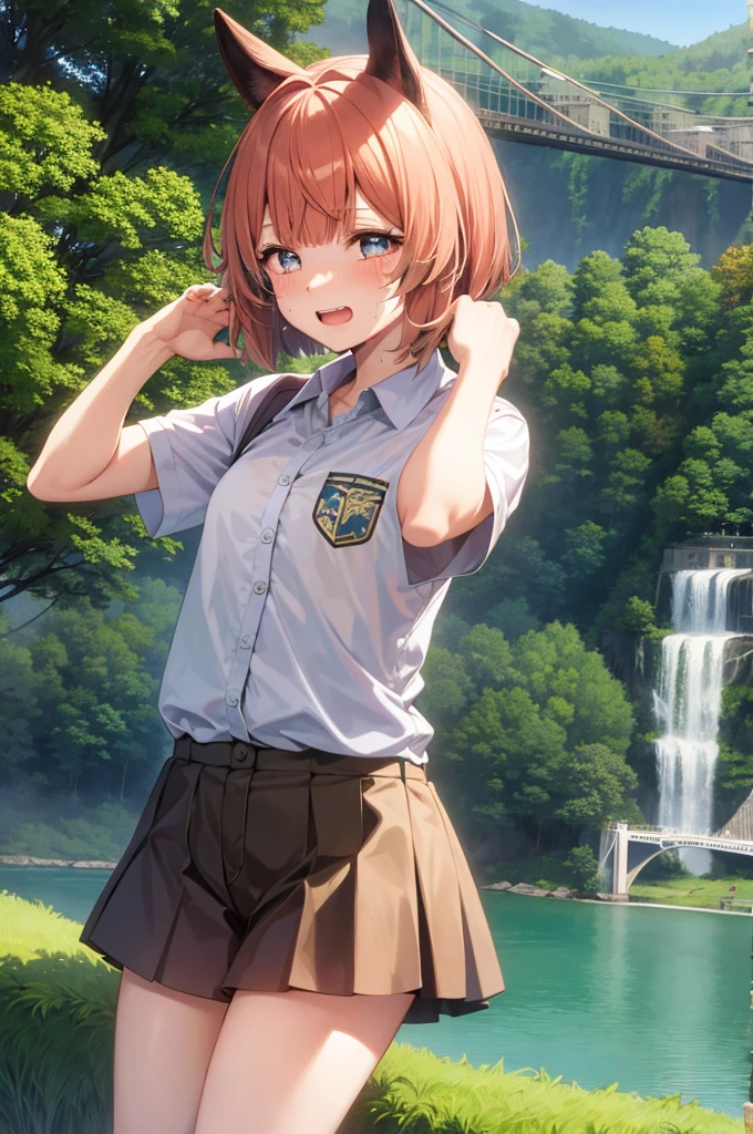 Girl, solo, crying laughter, short bob, uniform, suspension bridge, forest, sweat, front teeth