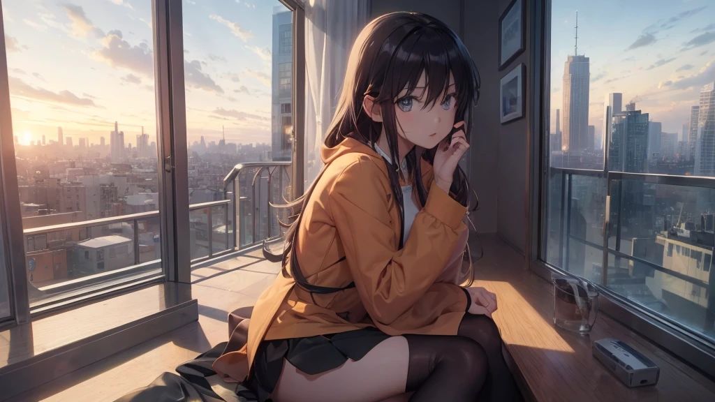 Ultra-high resolution, 8K, (Official Art, beautifully、mysterious:1.2), Anime Art Wallpaper, Works by Makoto Xin Haicheng, Lofi Art Style, Lo-fi feel, Perfect human body composition, Anatomically correct limbs, Structurally correct fingers, Impressive eyes, Oversized hoodie and short skirt, Shiny long black hair, Larger than average bust, Girl listening to music with headphones, Looking out the window, City Room, A room for music lovers, city view from the window, Impressive cityscape, Bright Sky, meteor, Wide angle, Before dusk