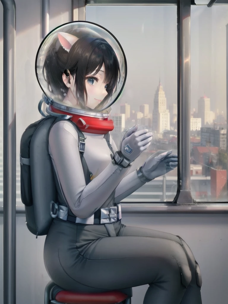 space helmet, (cinematic scene, sitting on a chair, train interior, , city view, night view: 1.5), space helmet, eva helmet, space suit, astronaut), smile bubble helmet, very detailed, speed helmet, bubble helmet, ,upper body, astronaut),eva helm, spacesuit , astronaut),girl, wearing a (spacesuit:1.15), white cargo pants,5), CAT EARS, BLACK HAIR, FROM SIDE, BUBBLE HELMET